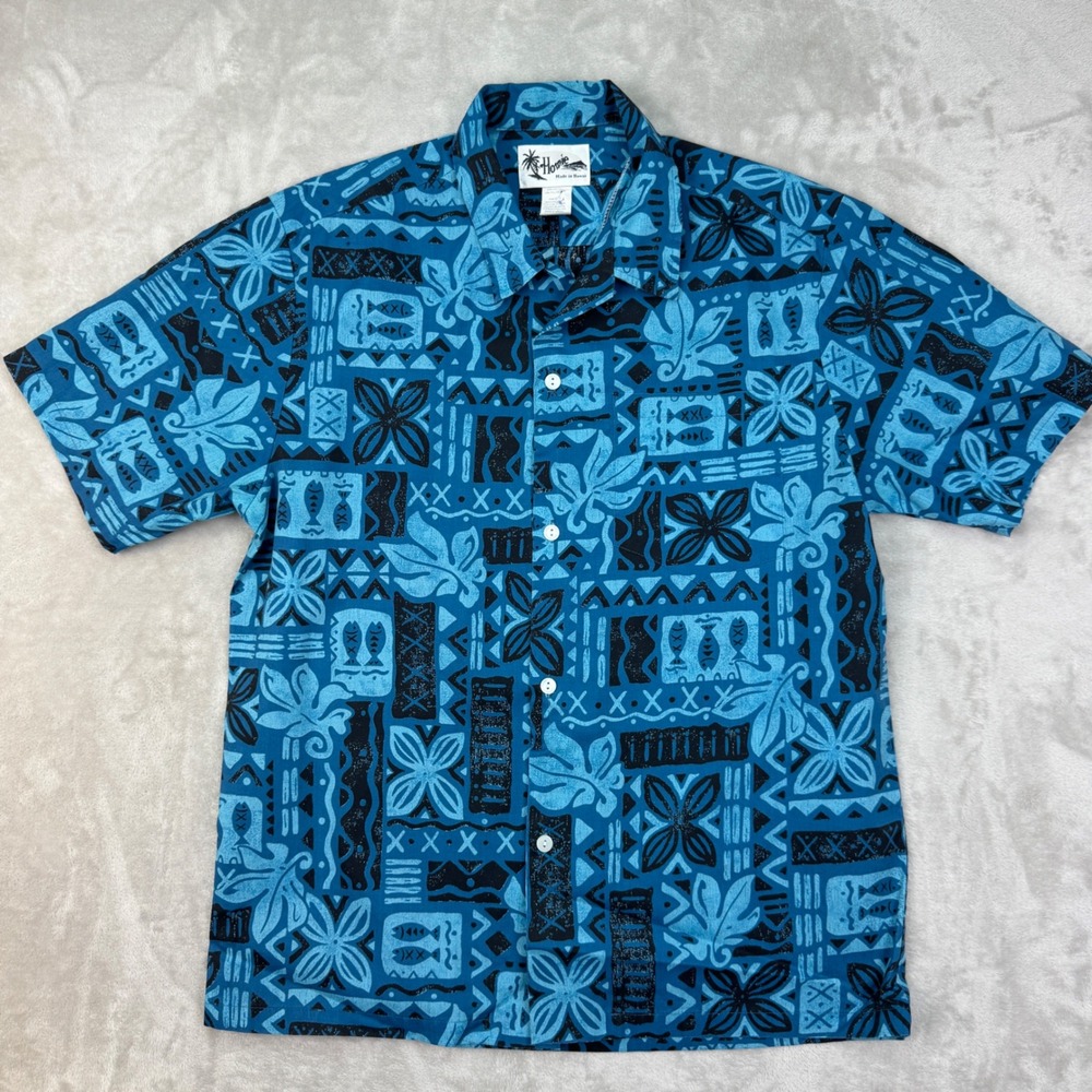 Vintage Howie Hawaiian Shirt Mens M Blue Aloha Tribal Tapa Print Made Hawaii